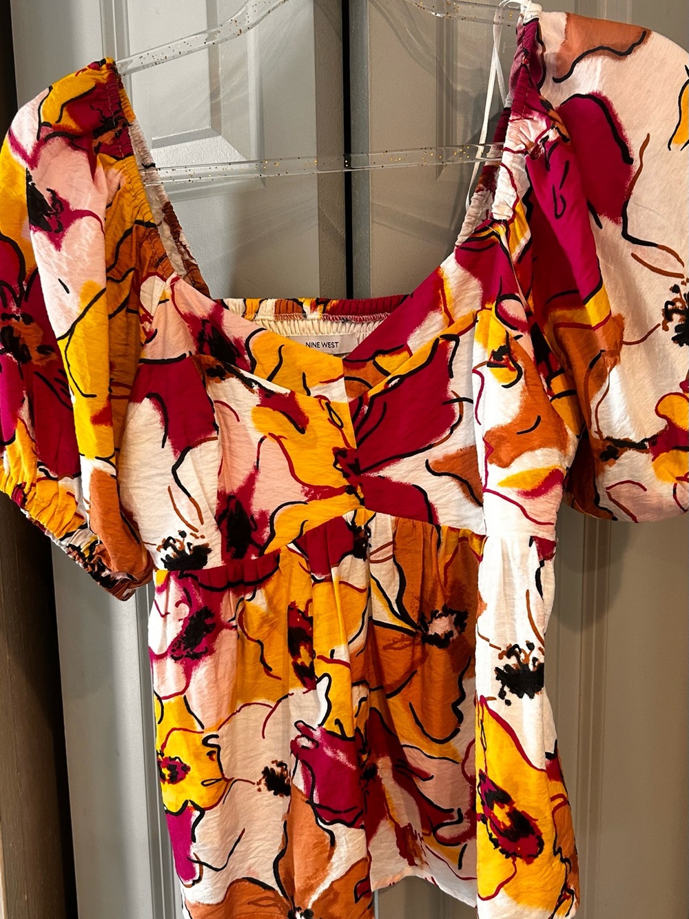 Nine West Floral Puff-Sleeve Top in Fuchsia, Mustard & Cream